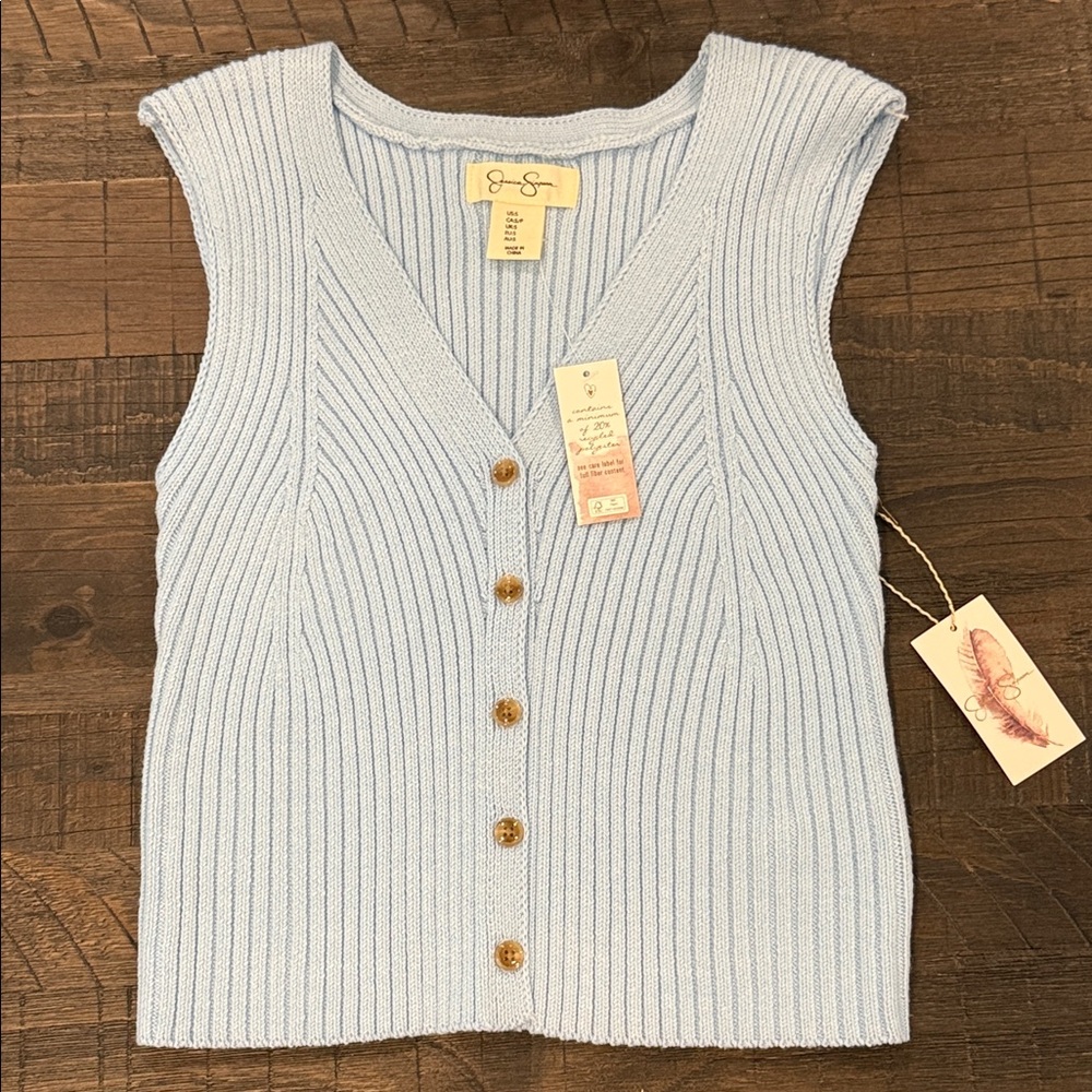 Jessica Simpson Blue Sleeveless Sweater Button Front V-Neck Ribbed S New